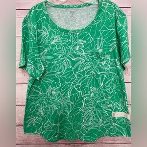 a.n.a Womens Round Neck Short Sleeve Green/White Floral T-Shirt X Large